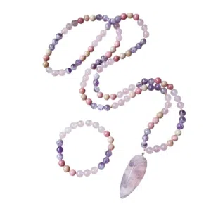 Ketting + Armband: Rhodoniet, Rozenkwarts, Amethist