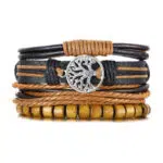 Leren en houten armband Levensboom