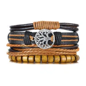 Leren en houten armband Levensboom