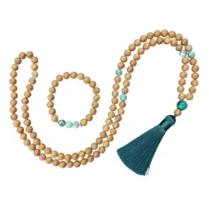 Halsketting + Armband: gefossiliseerd hout, Jade, Lapis lazuli
