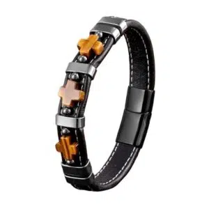 Leren armband met 3 kruizen en tijgeroog.