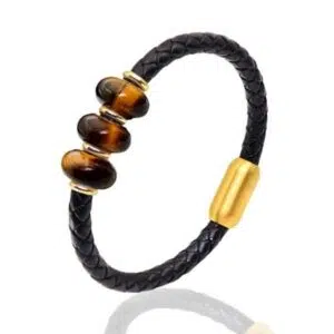 "Leren armband met 3 tijgeroogkralen".