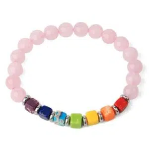 7 Chakra's Armband met Rozenkwarts en Vierkante Stenen.