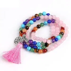 Tibetaanse armband met Rozenkwarts Mala en 7 Chakra's.