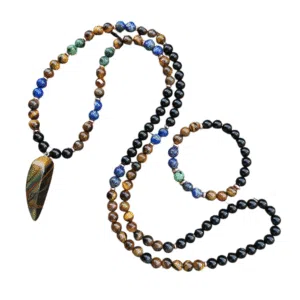 Ketting + Armband : Zwarte onyx, lapis lazuli, tijgeroog, robijn zoisiet