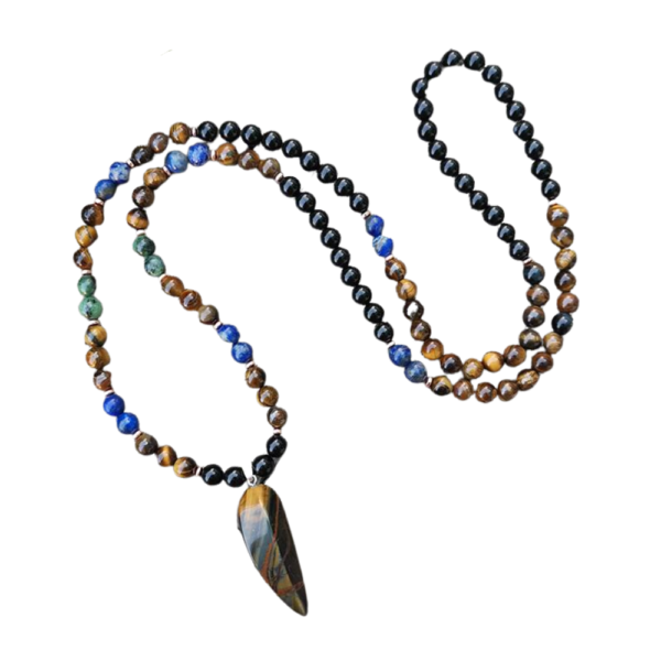 Zwarte onyx, lapis lazuli, tijgeroog, robijn zoisiet collier